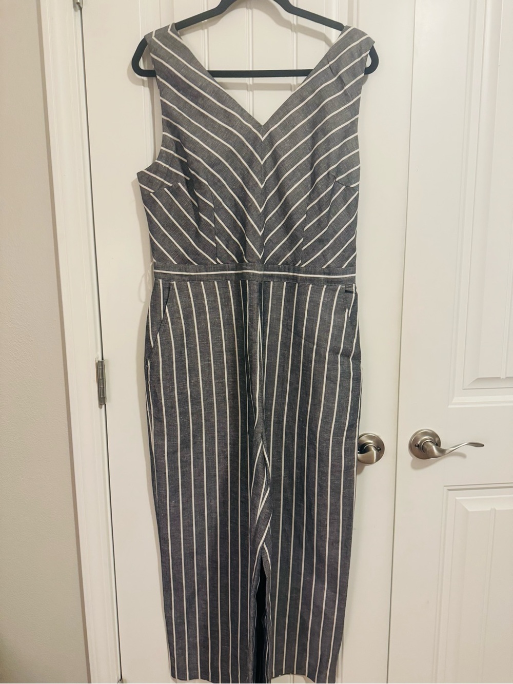 LOFT Light Gray and White Striped Sleeveless Jumpsuit